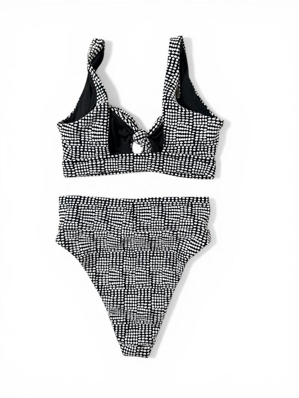 Aerie Jacquard Black White Polka Dot Bikini Set Tie Scoop Top High Cut Size M - Picture 2 of 11